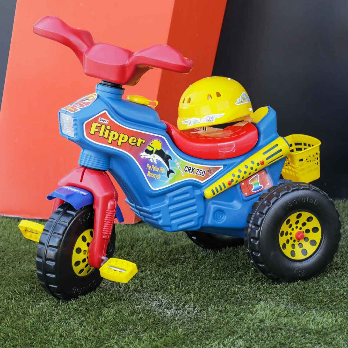 TRICYCLE FLIPPER AVEC CASQUE - BLEU & ROUGE & JAUNE