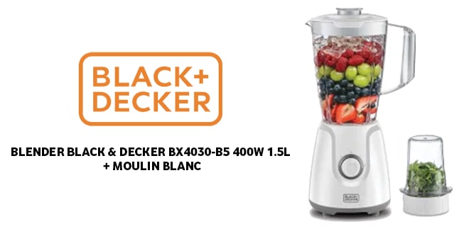 BLENDER BLACK & DECKER BX4030-B5 400W 1.5L + MOULIN BLANC prix Tunisie
