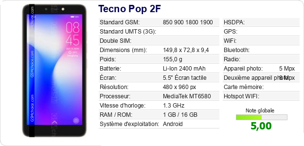 SMARTPHONE TECNO POP 2F 3G 1GO/16GO NOIR