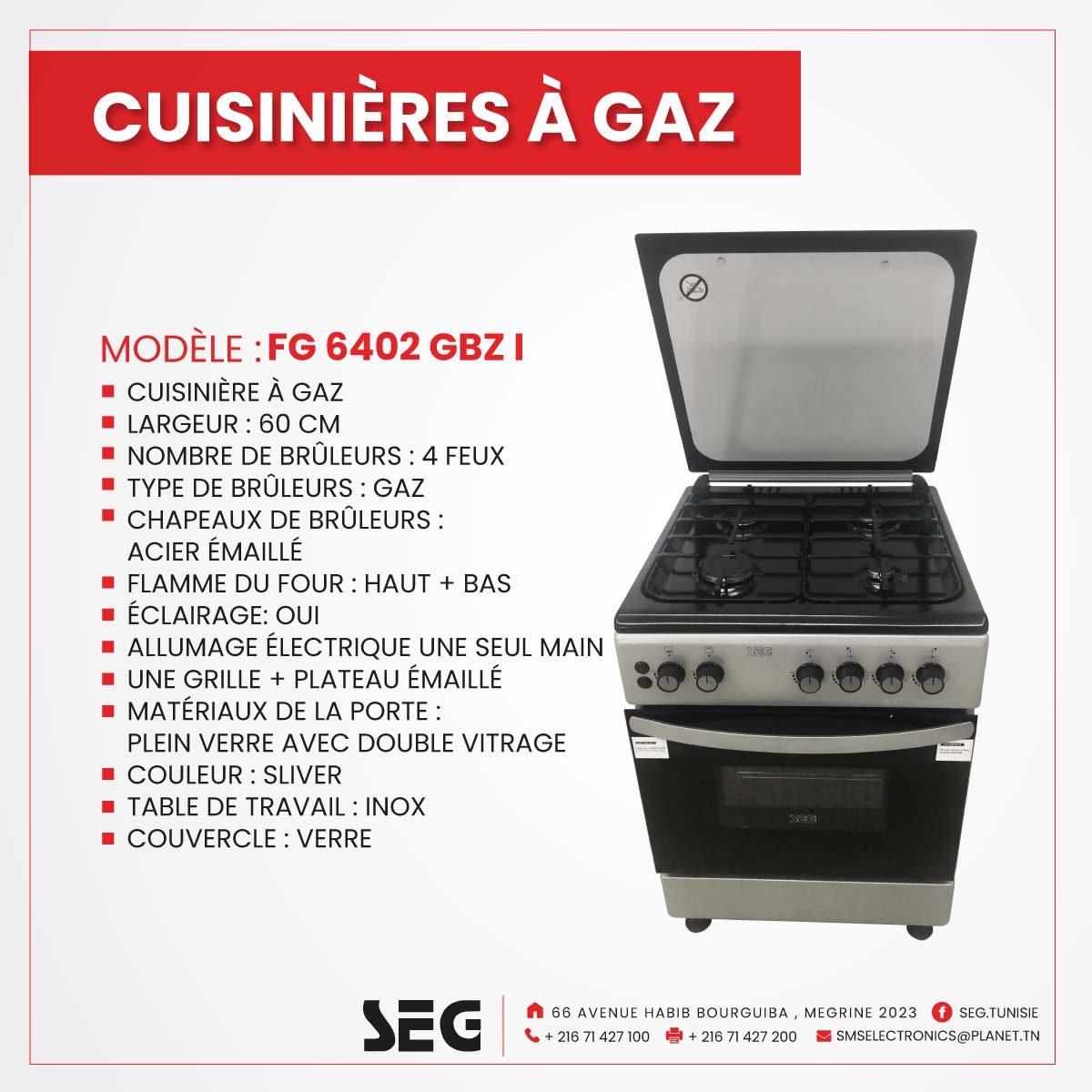 vente Cuisiniere A Gaz SEG Inox FG6402MXZI Tunisie