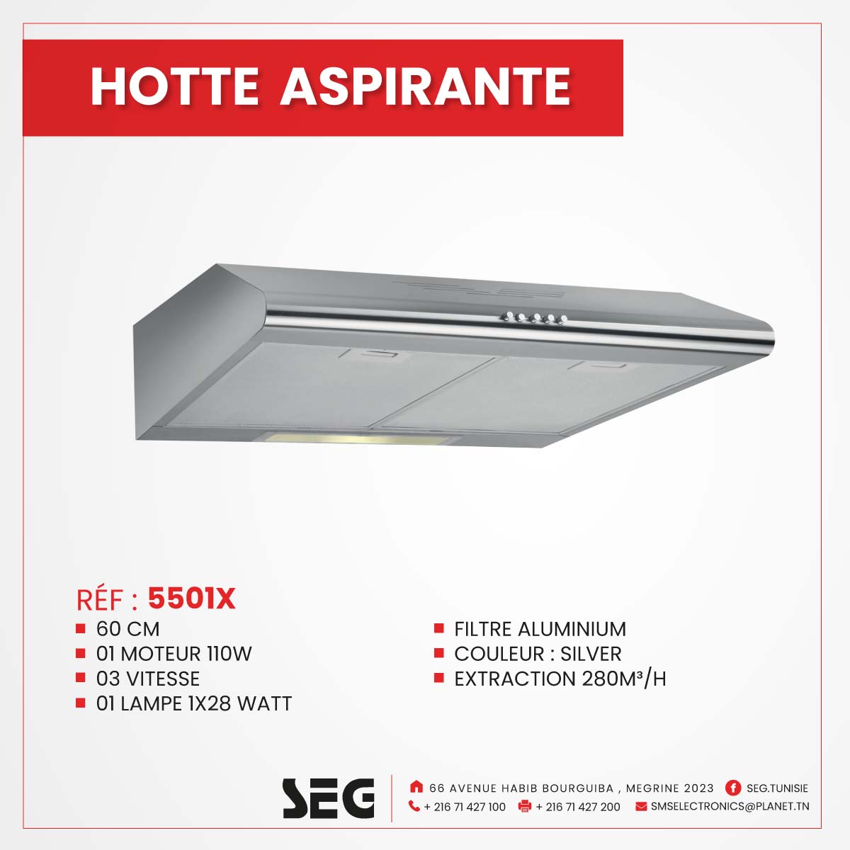 Hotte Casquette SEG 60 Silver 5501G prix Tunisie