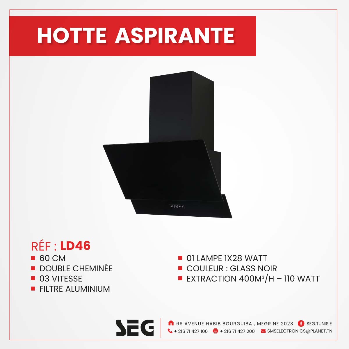 vente Hotte Cheminee Inclinee SEG 60 Black Glass