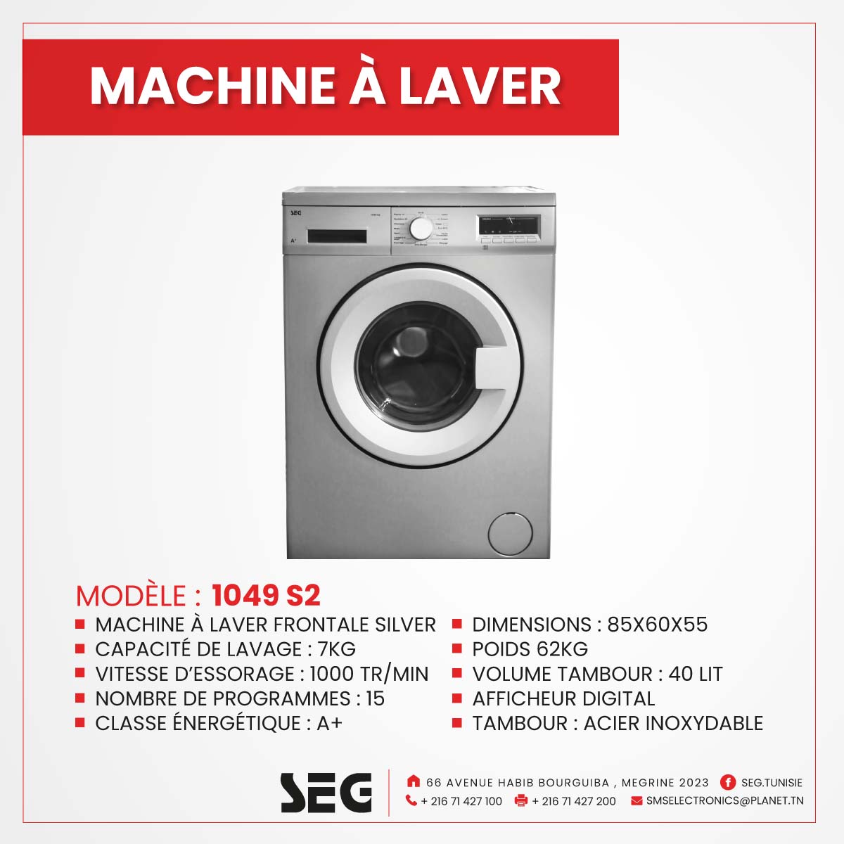 vente Machine a Laver SEG SILVER 7Kg MAL049S2