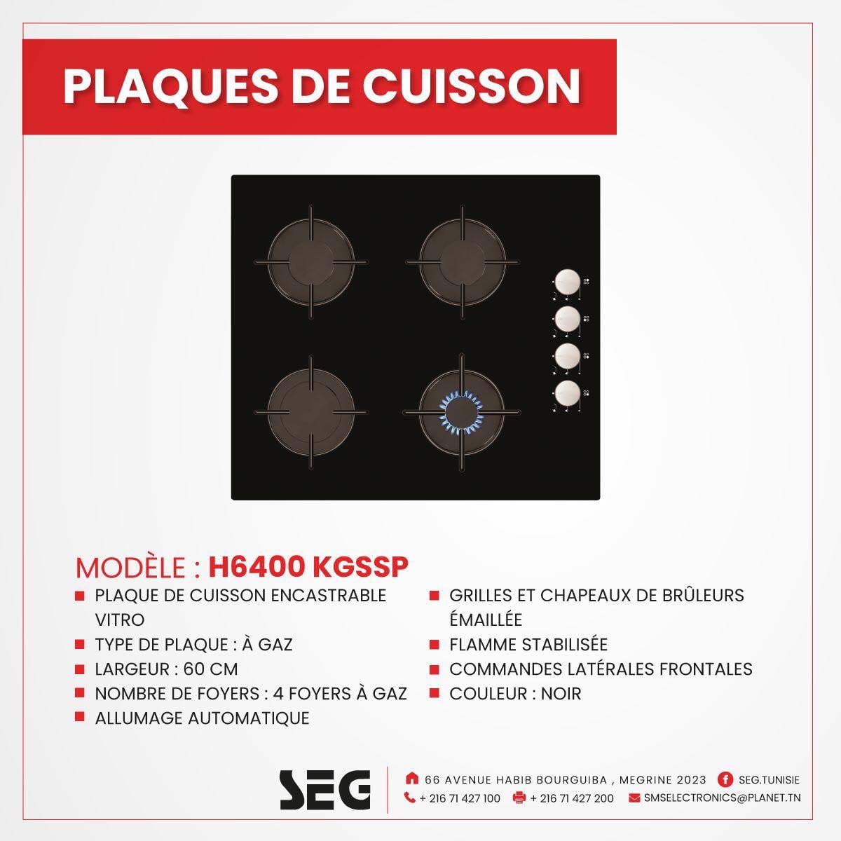 Plaque de cuisson 60 Glass SEG H6400KG prix Tunisie